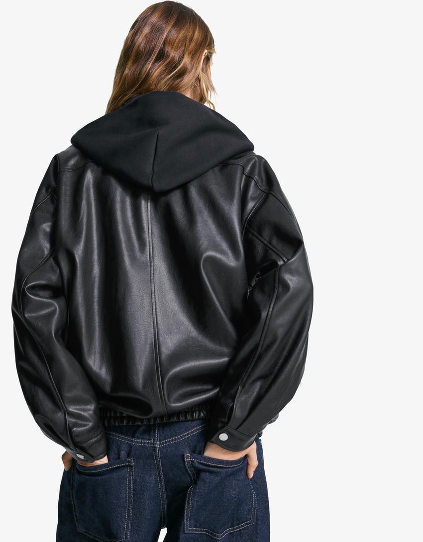 Oversize faux leather jacket-Black-2