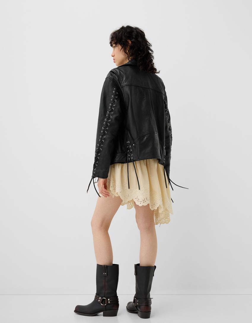 Leather biker jacket with tie detail-Black-1