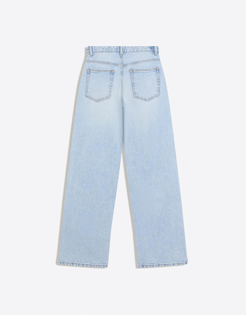 Wide-leg crossover waist jeans-Light blue