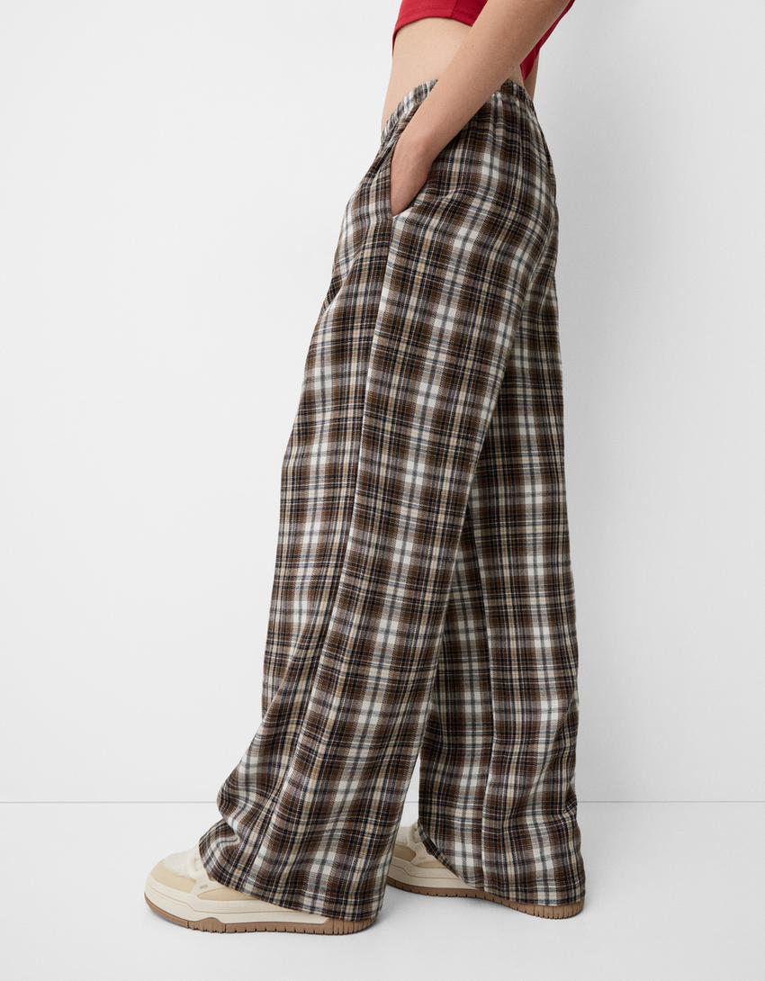 Straight fit check trousers-Brown-3