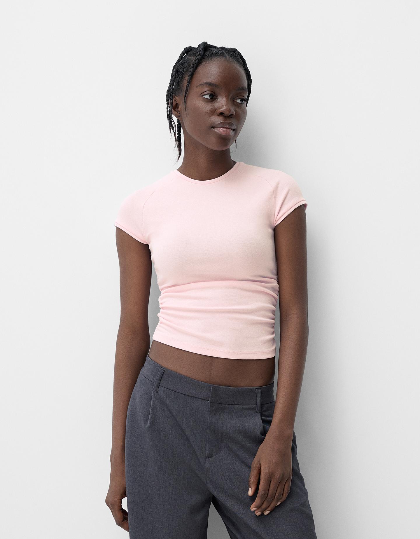 Bershka T-Shirt Mit Kurzen Ärmeln Und Seitlicher Raffung Damen L Rosa günstig online kaufen