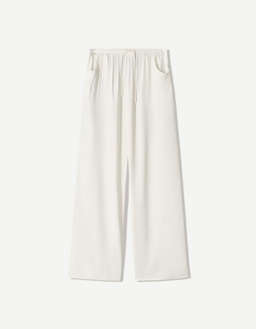 Pantalon jogging wide leg satin-Blanc-3