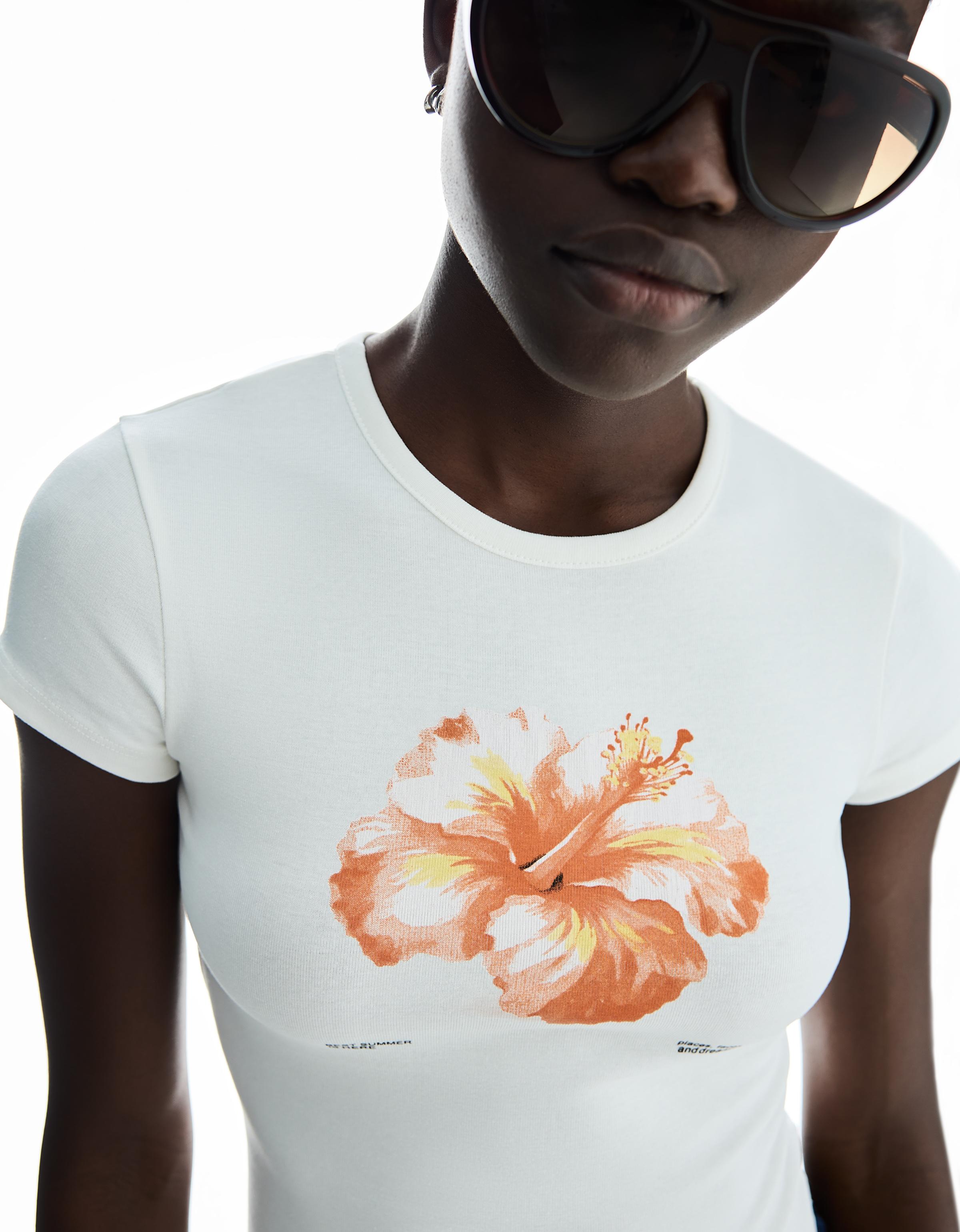 Bershka T-Shirt Mit Print Damen L Rohweiß