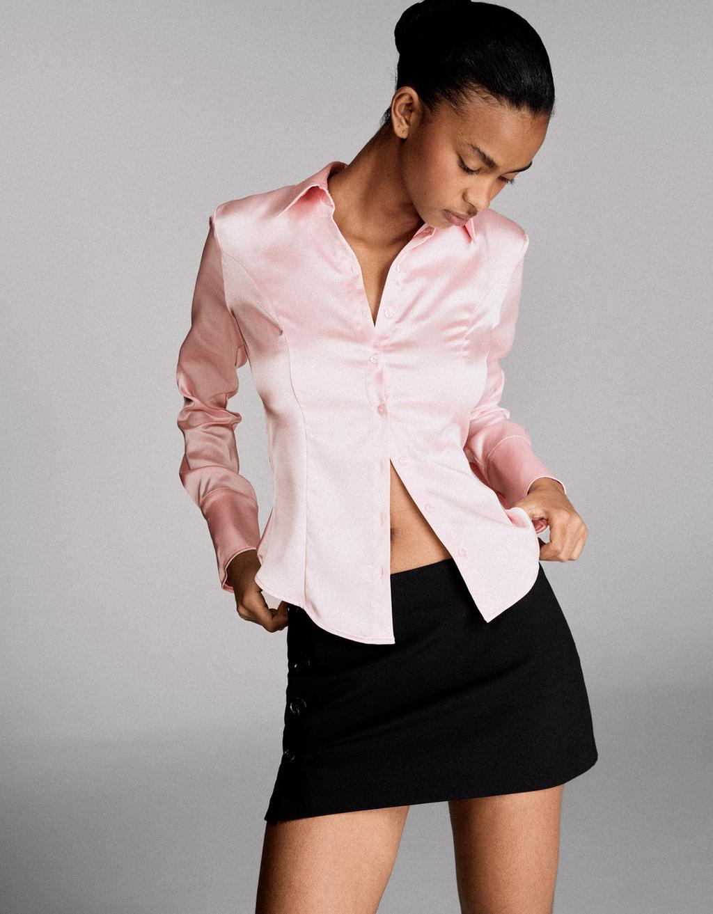Fitted satin long sleeve shirt