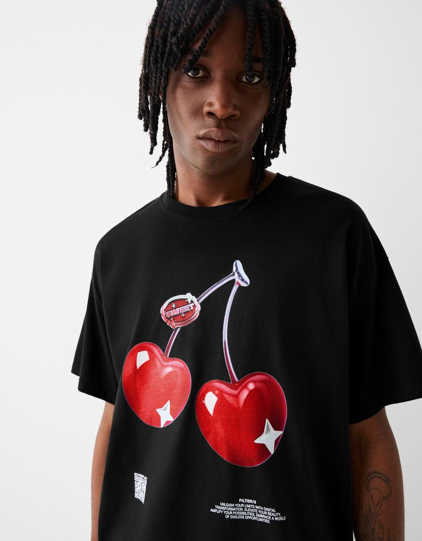 T-shirt Bershka Wearable Art oversize fit com estampado-Preto-3