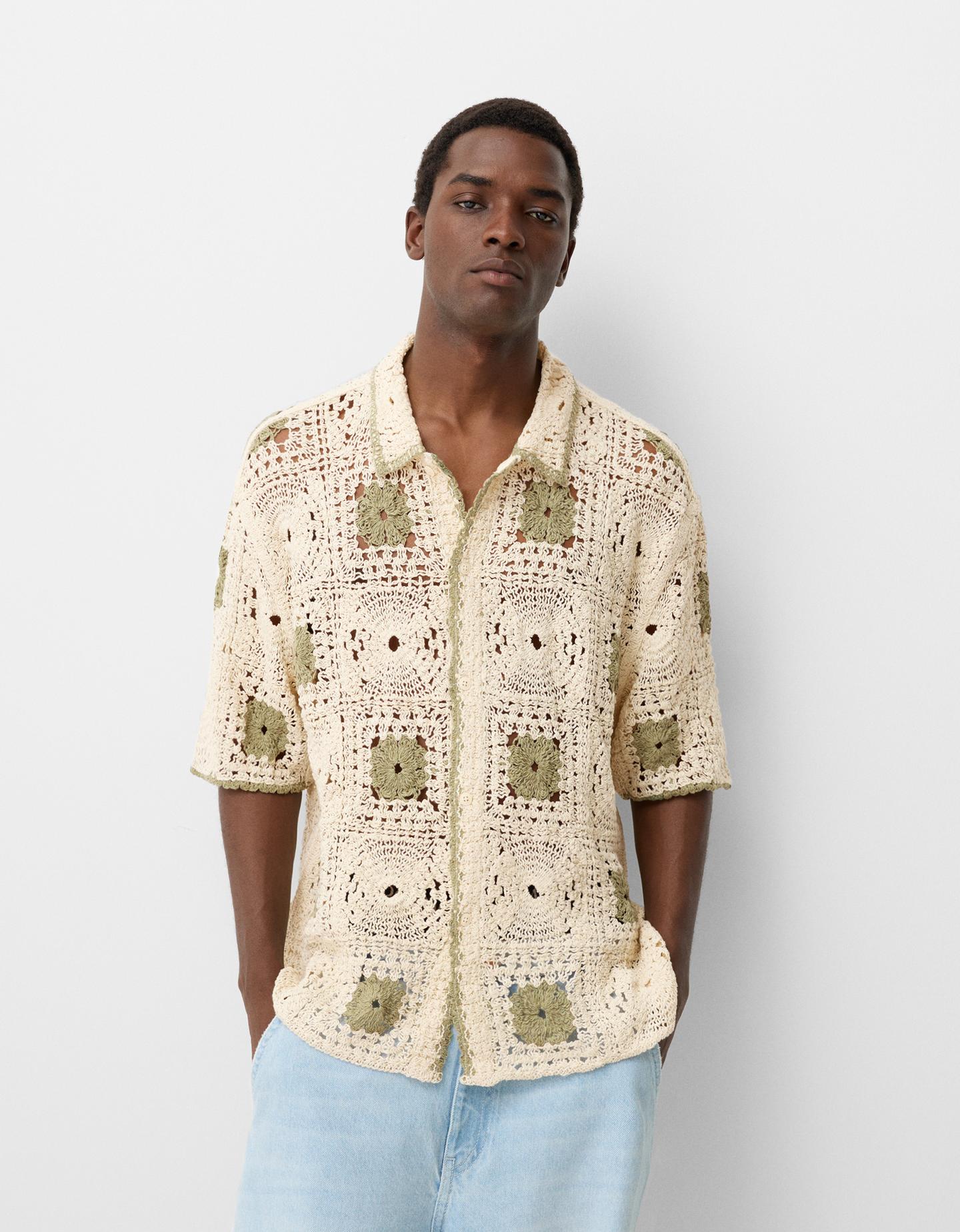 Bershka Camicia Maniche Corte Crochet Uomo Xl Sabbia