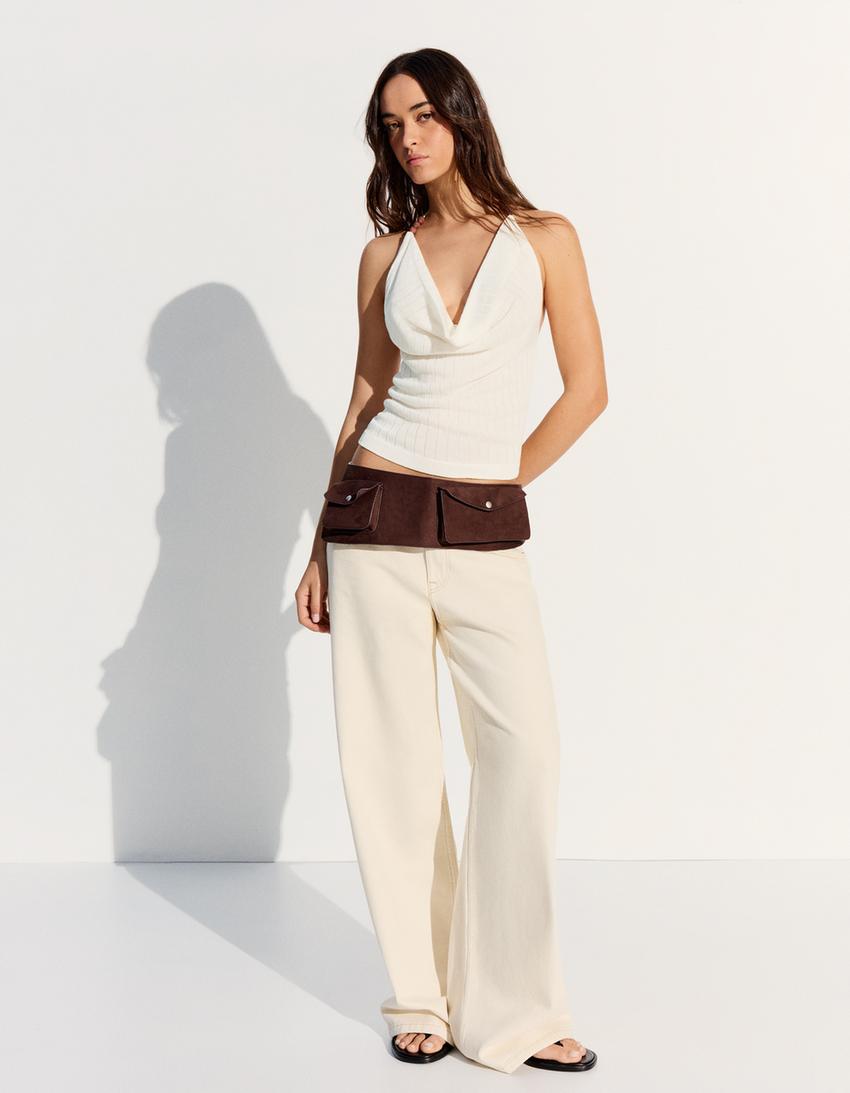 Halter nyakú redőzött top-Nyers színű