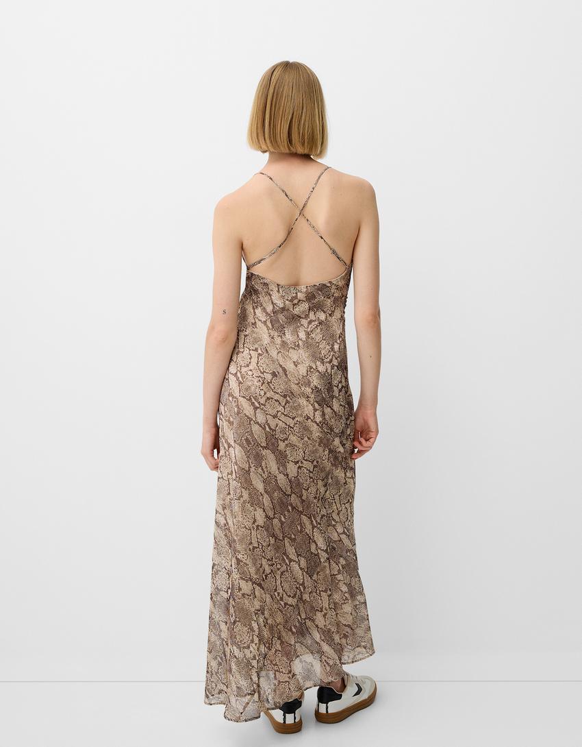 Vestido maxi chiffon estampado animal-Beige-2