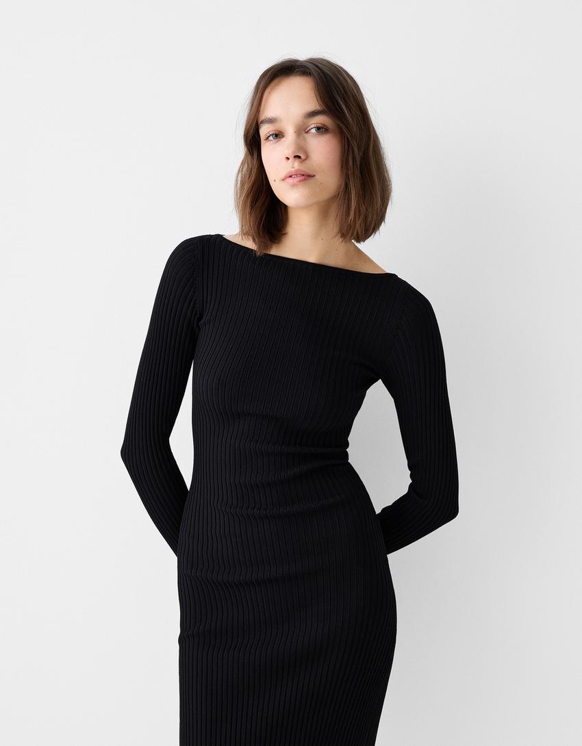 Vestido midi manga comprida malha nervuras-Preto-1