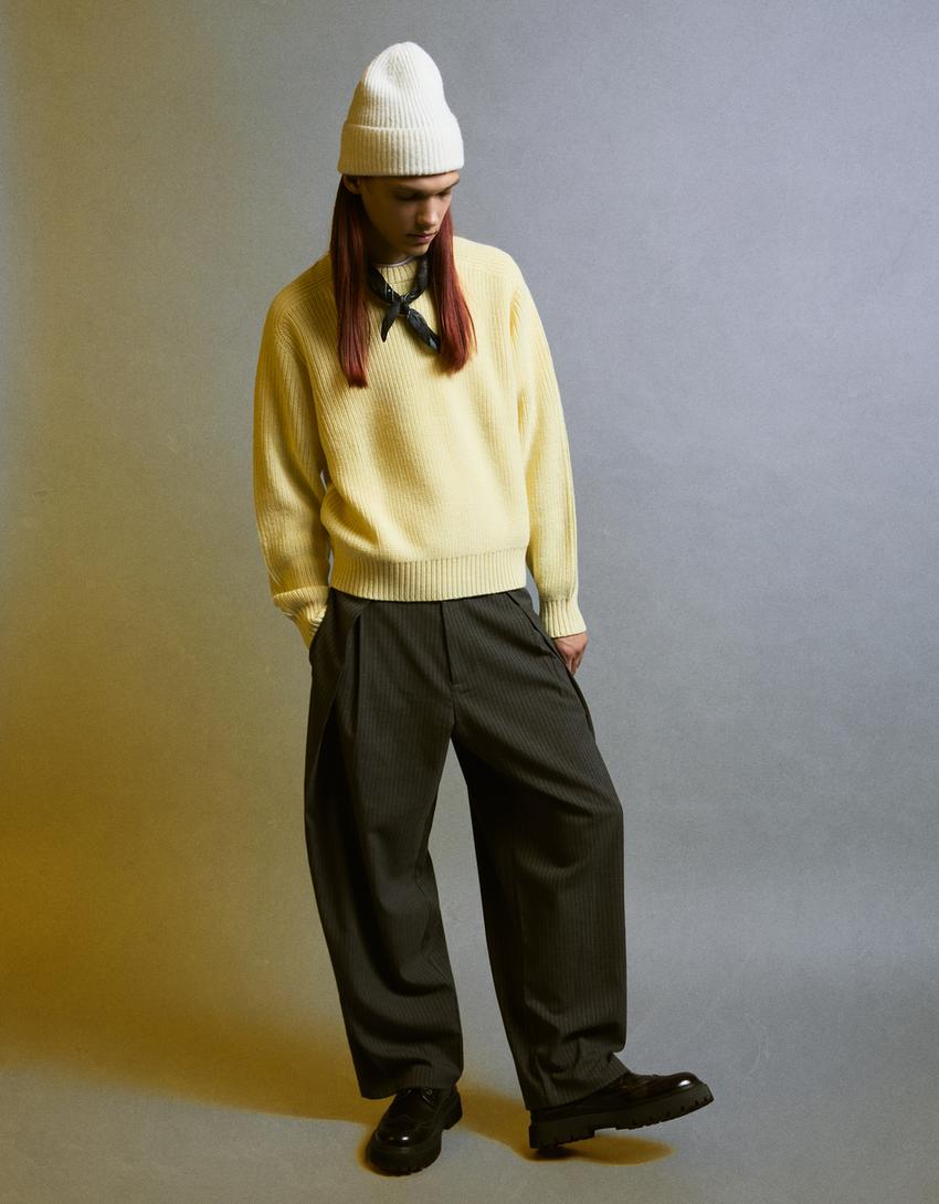 Purl knit wool blend sweater-Yellow