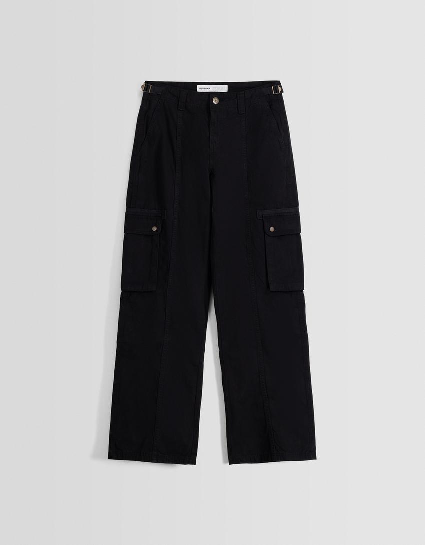 Adjustable straight-leg cotton cargo trousers-Black-4