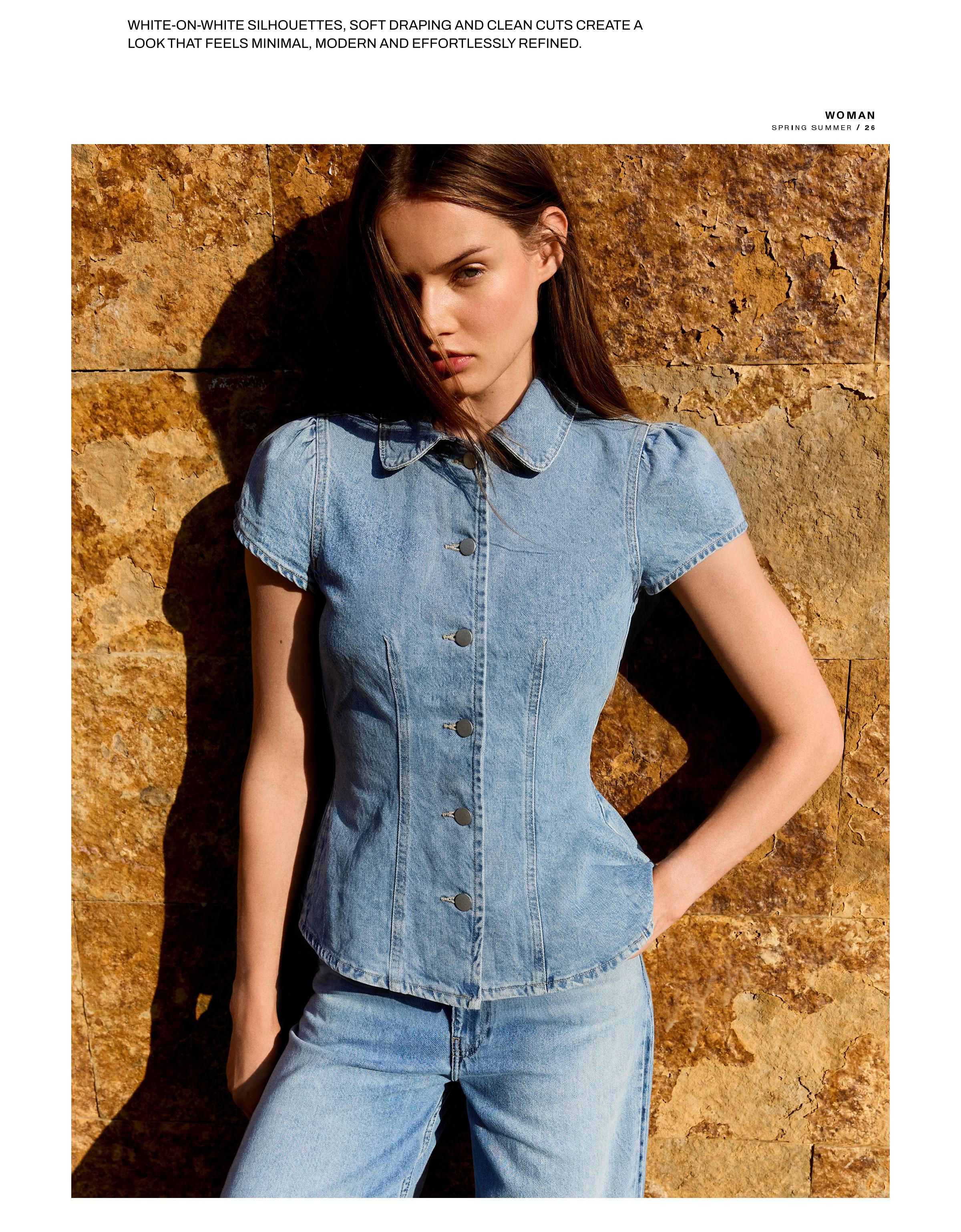 Balloon fit short-sleeve denim top — Light blue