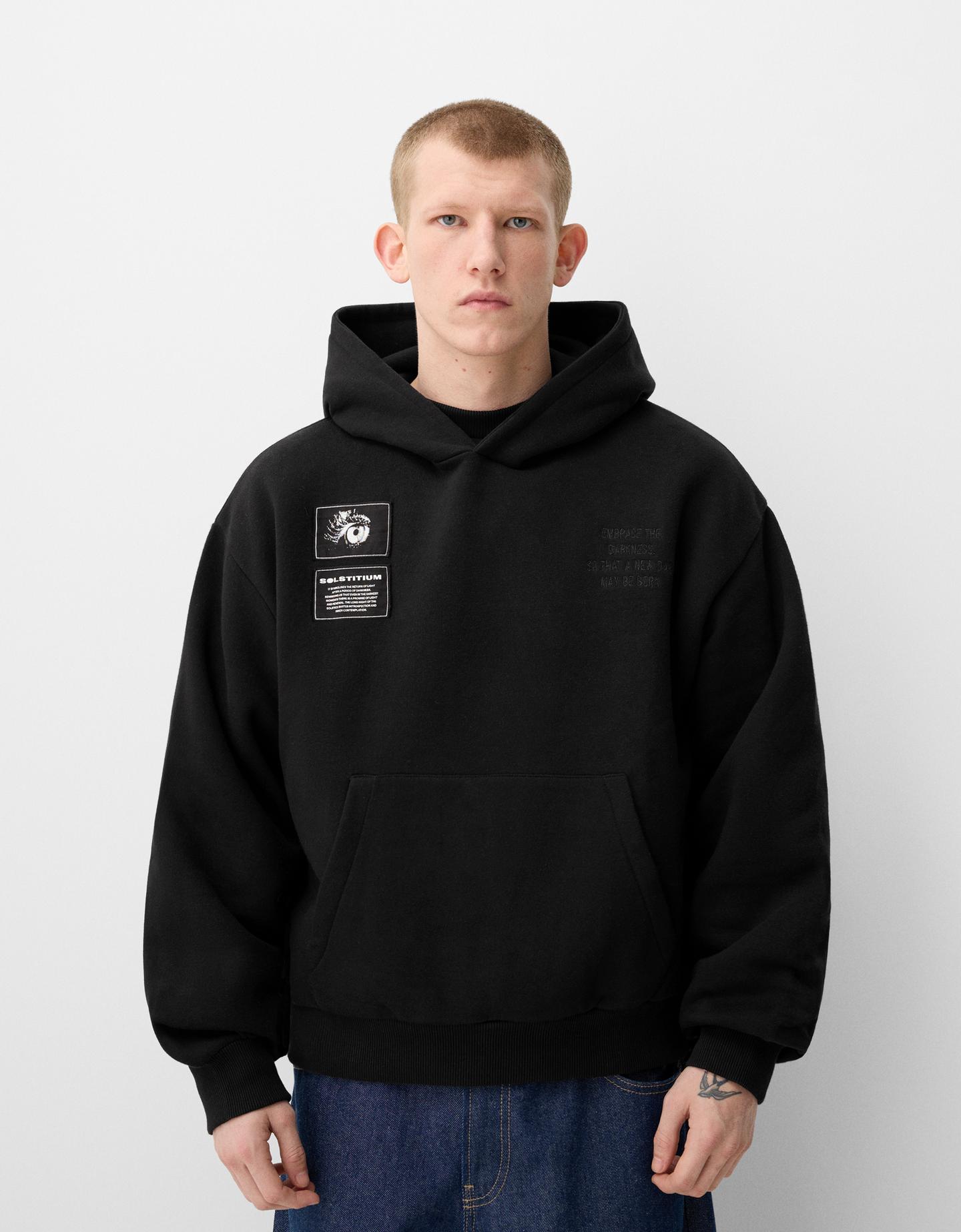 Bershka Sudadera Capucha Boxy Print Hombre Xs Negro