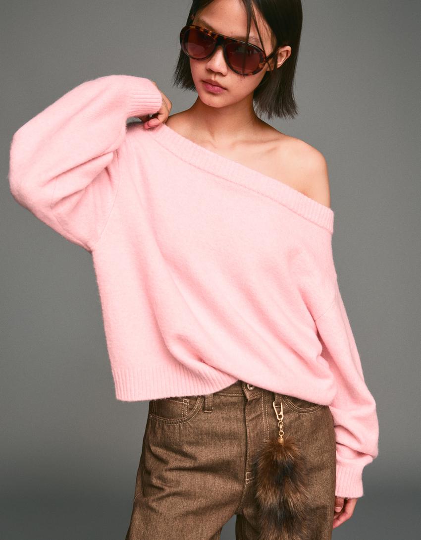 Camisola com nervuras e decote bardot-Rosa