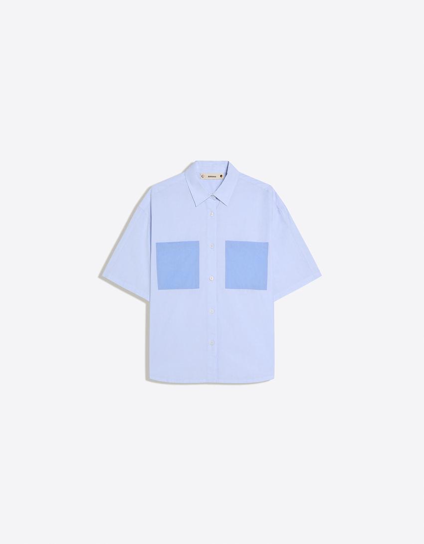 Oversize striped short sleeve shirt-Light blue