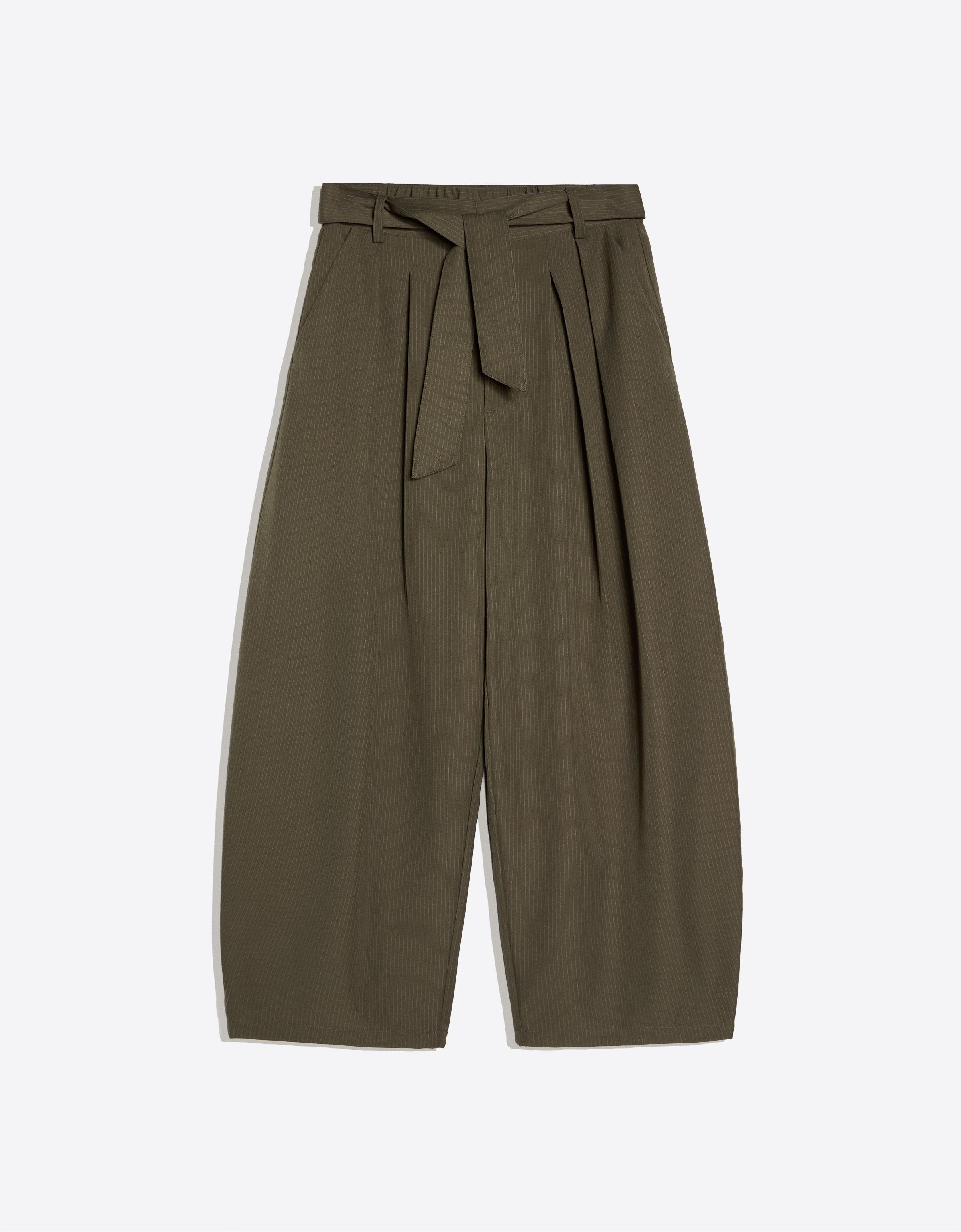 Barrel-leg trousers with darts and belt — Khaki