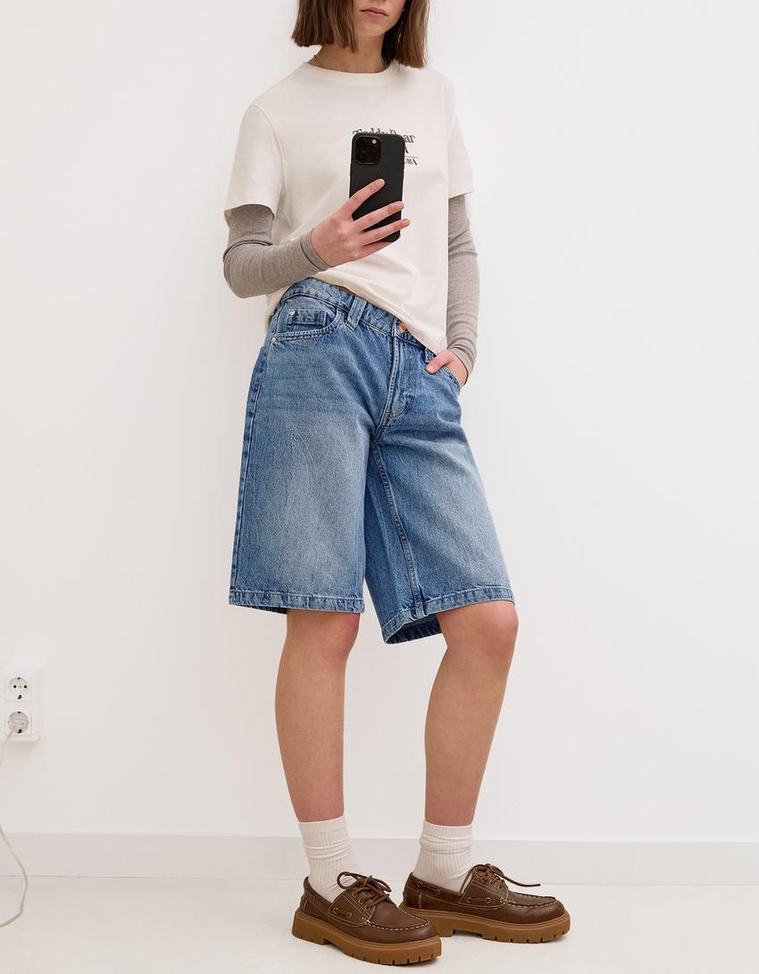 Pantaloni scurți din denim baggy-Albastru deschis