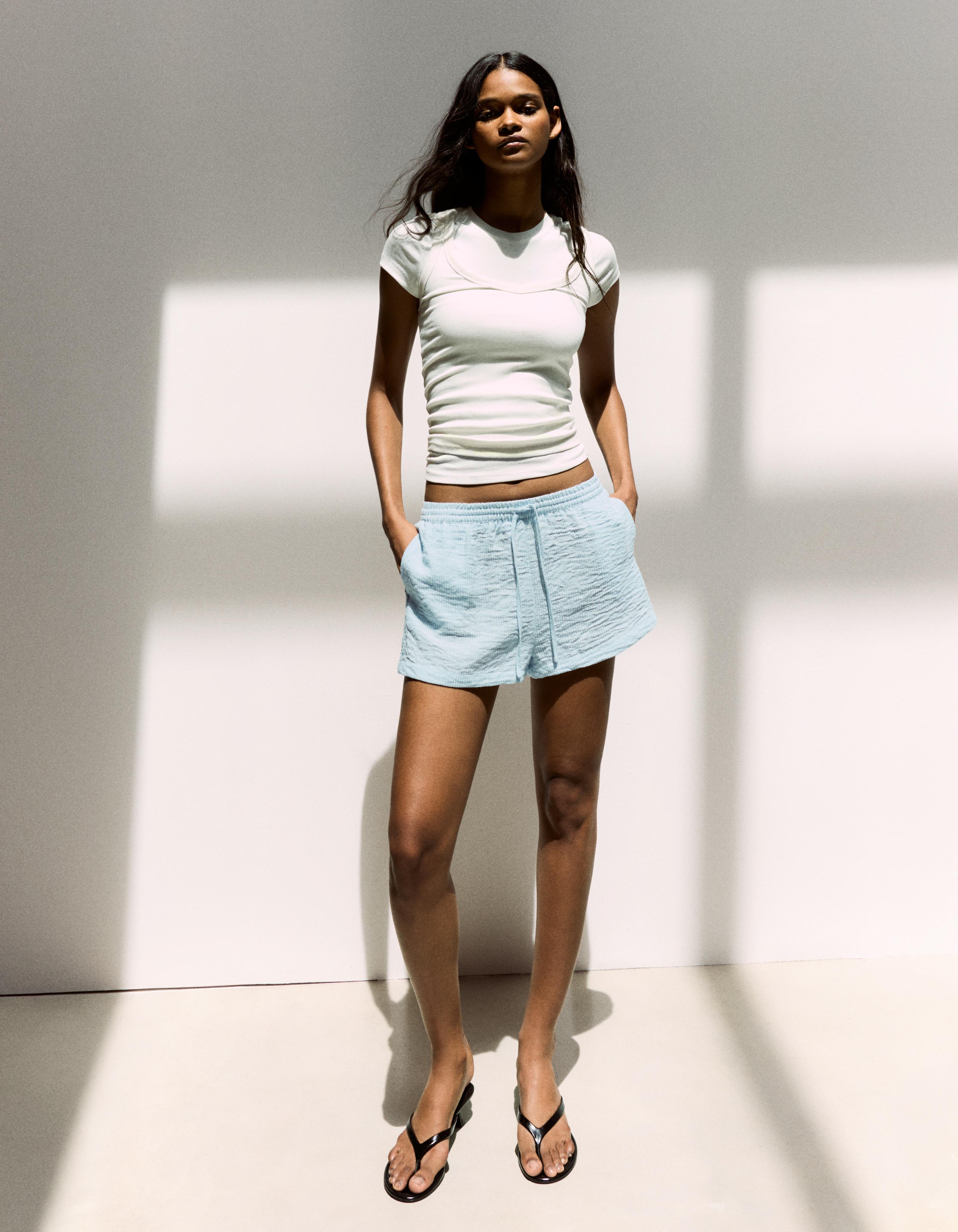 Bershka Short Rústico Cintura Elástica Mujer Azul