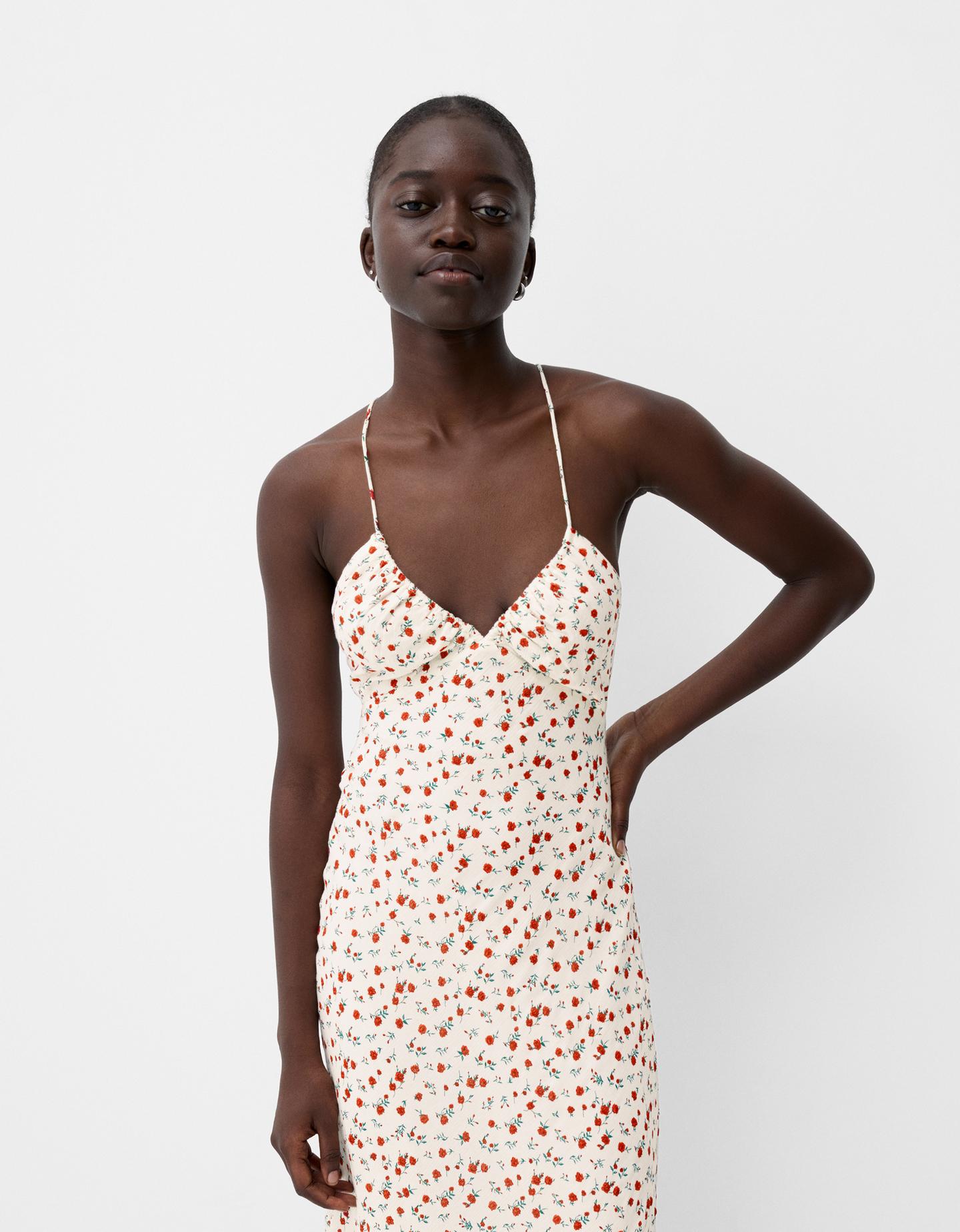 Bershka Vestido Maxi Tirantes Bámbula Mujer L Crudo