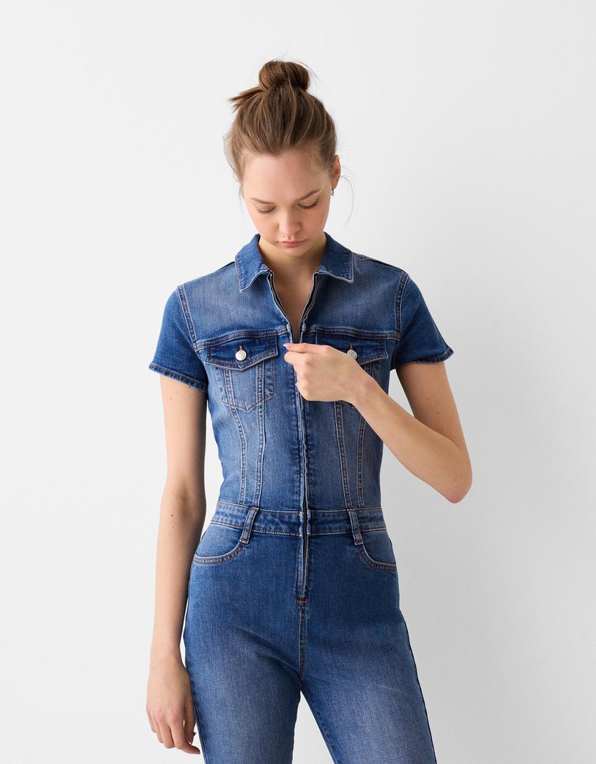 Short sleeve denim jumpsuit-Blue-1