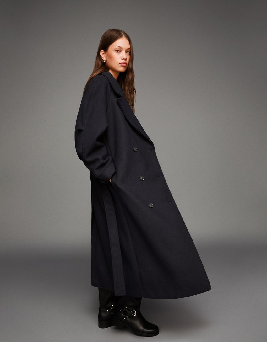 Oversize wool blend coat with belt-Navy