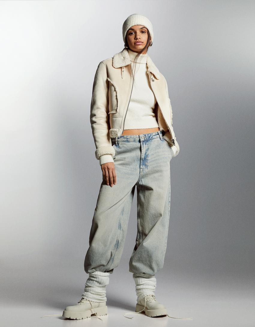 Blusão dupla face cropped efeito de camurça-Cru-2