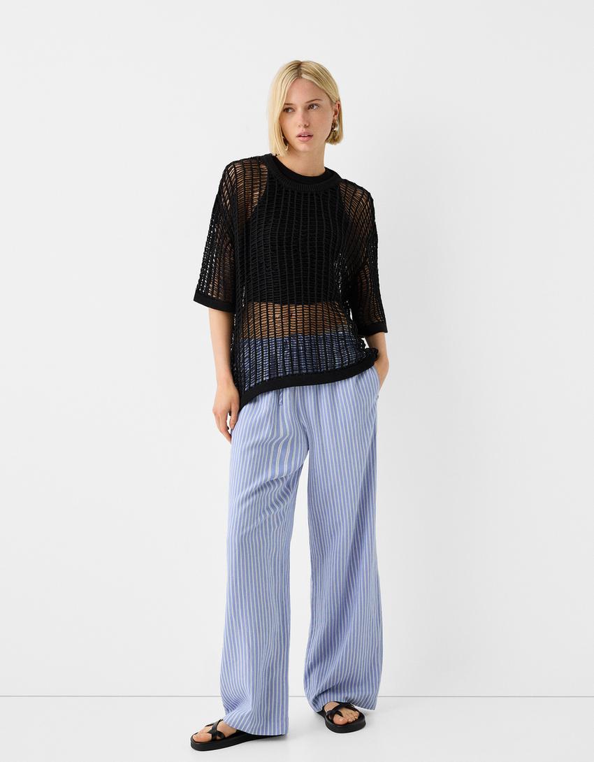 T-shirt manches courtes texture ajours-Noir-3