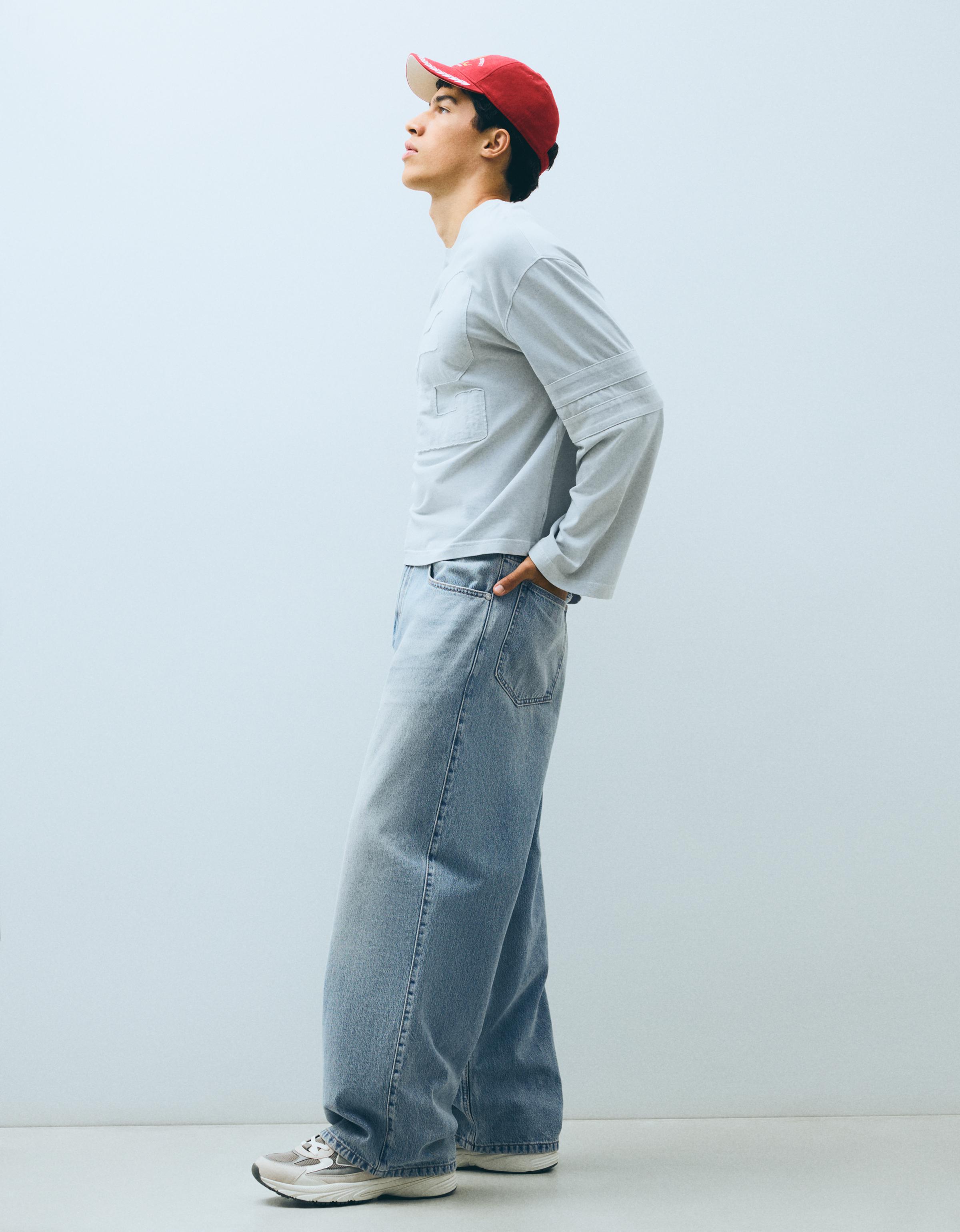 Bershka Jeans Super Baggy Hombre Azul Lavado