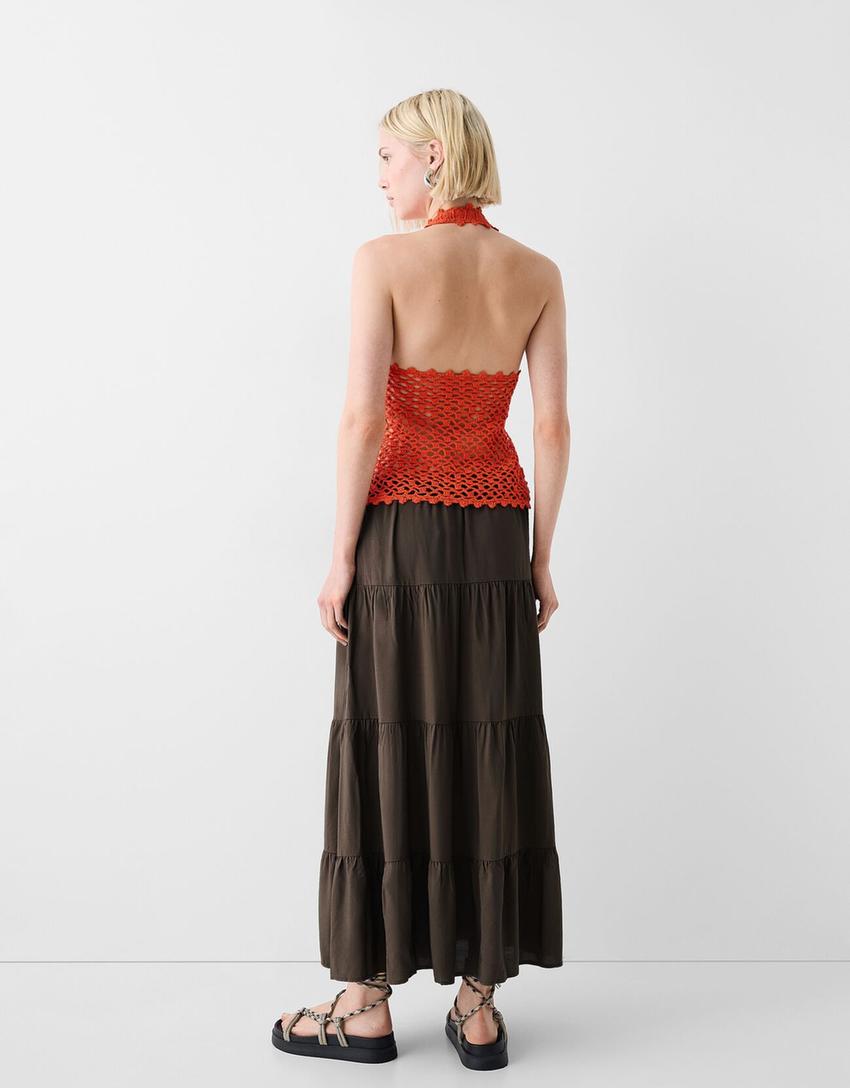 Midi skirt with elastic waist-Brown-2