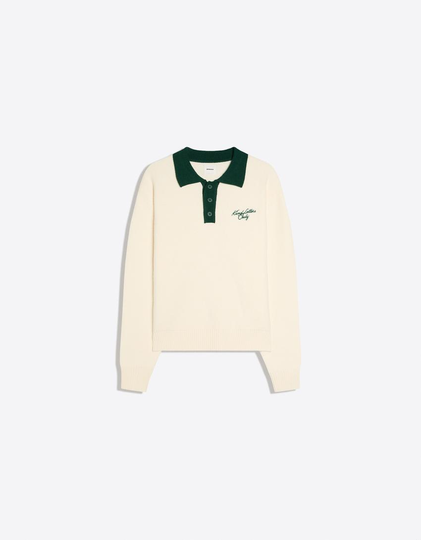 Contrast embroidered polo collar jumper-Off white