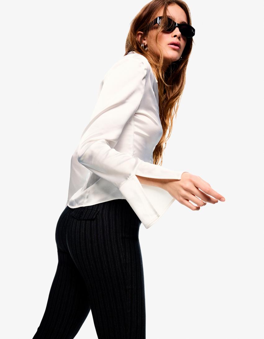 Lace-up satin shirt-Cream