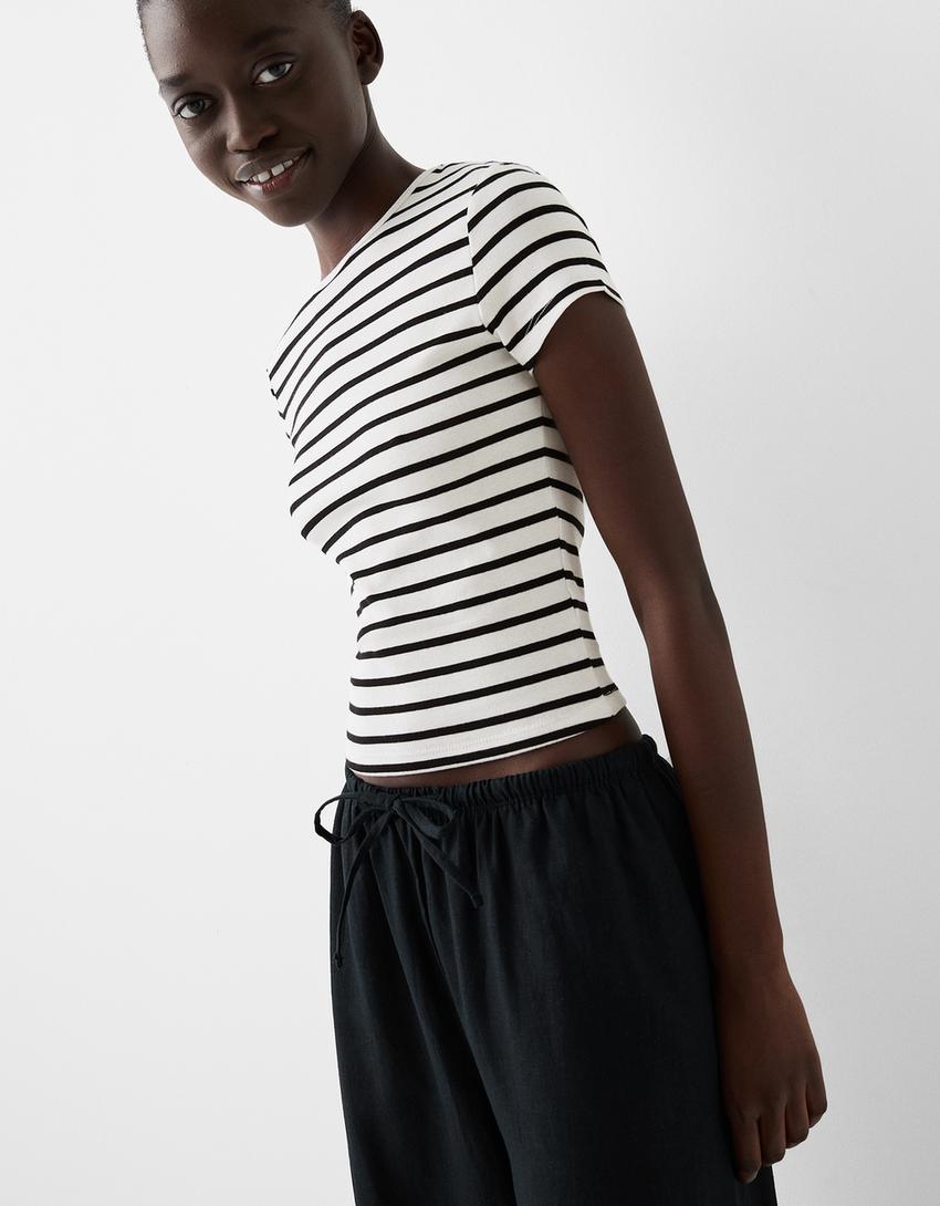 T-shirt de manga curta decote redondo-Branco / Preto-2