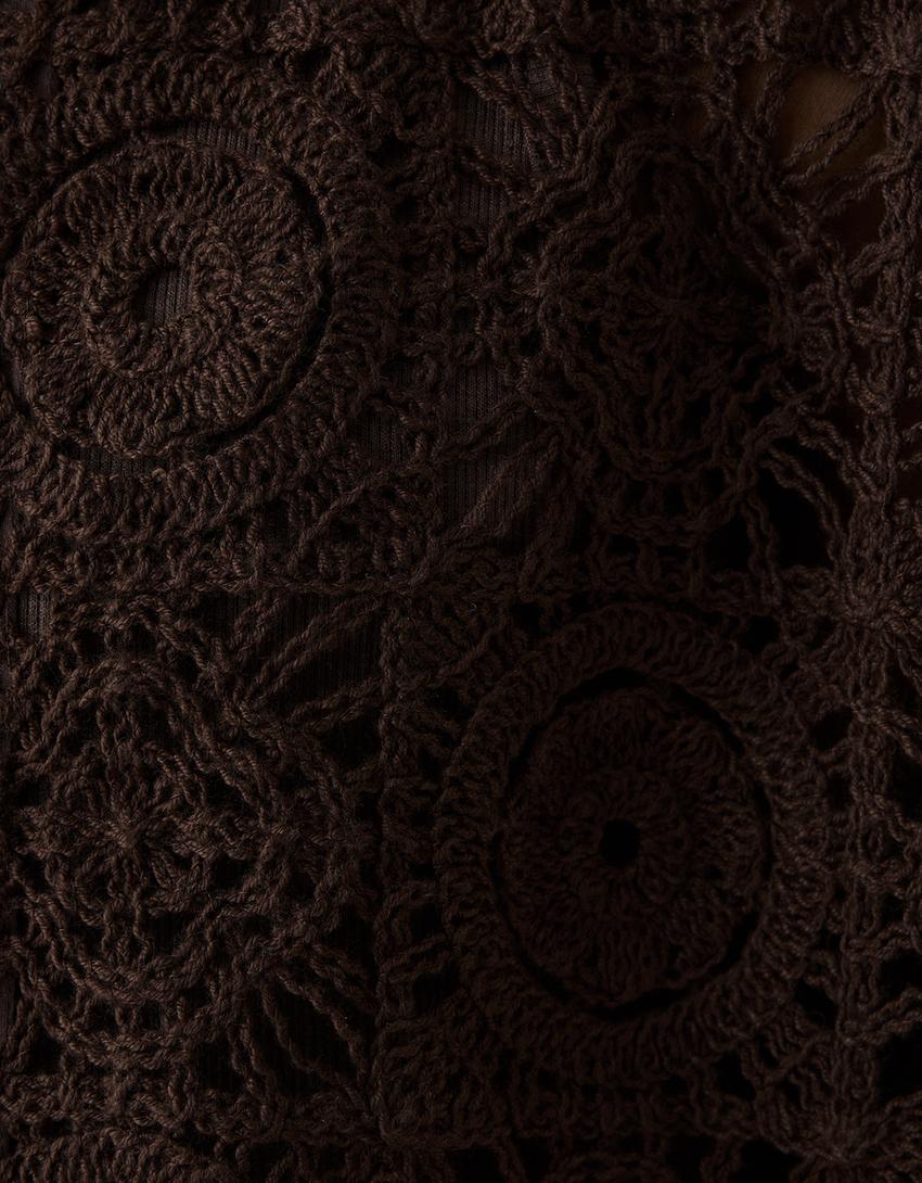 Блуза с плетена дантела и къс ръкав-Кафяво-5