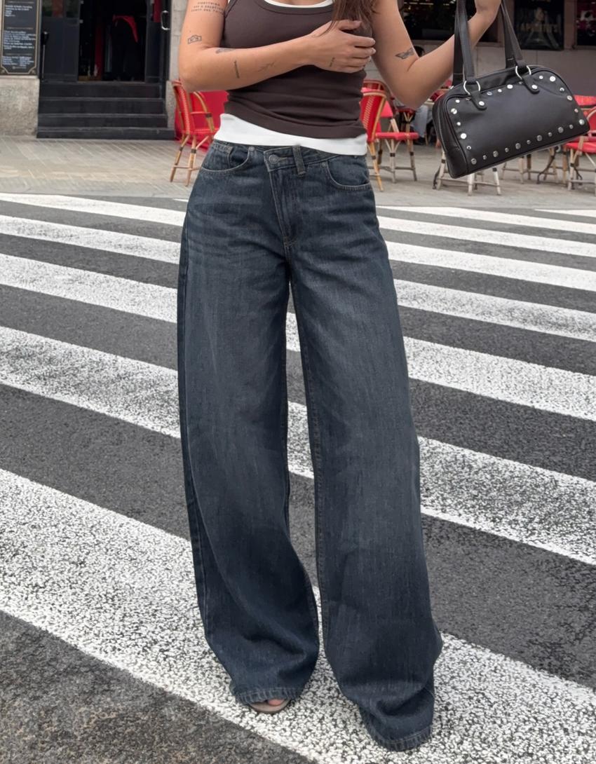 Jeans wide leg tiro alto cintura cruzada-Azul