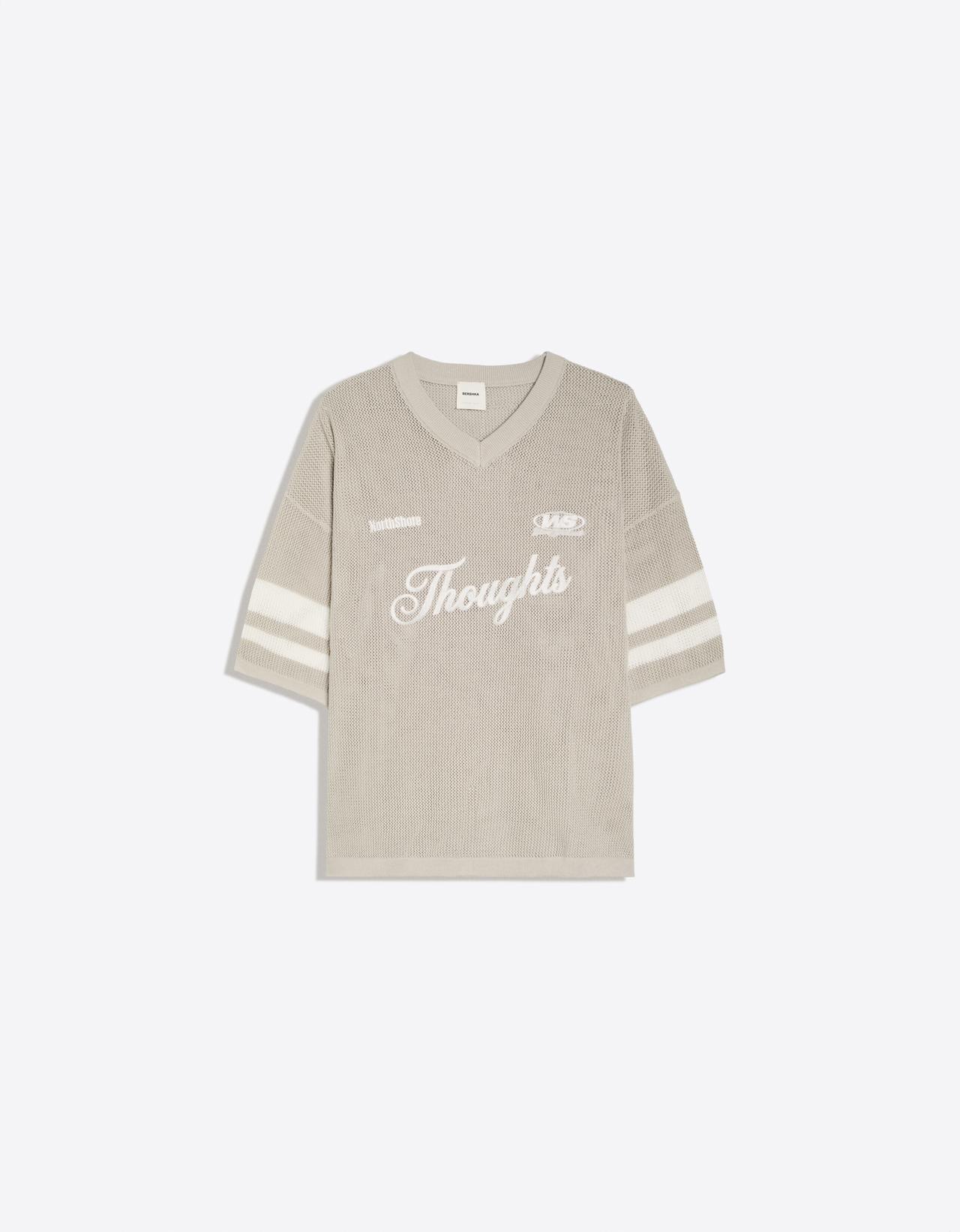 Embroidered mesh V-neck T-shirt — Grey