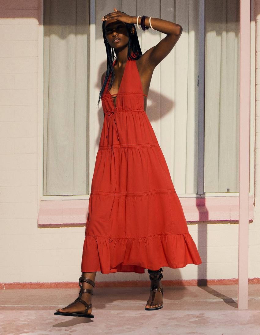 Vestido midi cuello halter-Rojo