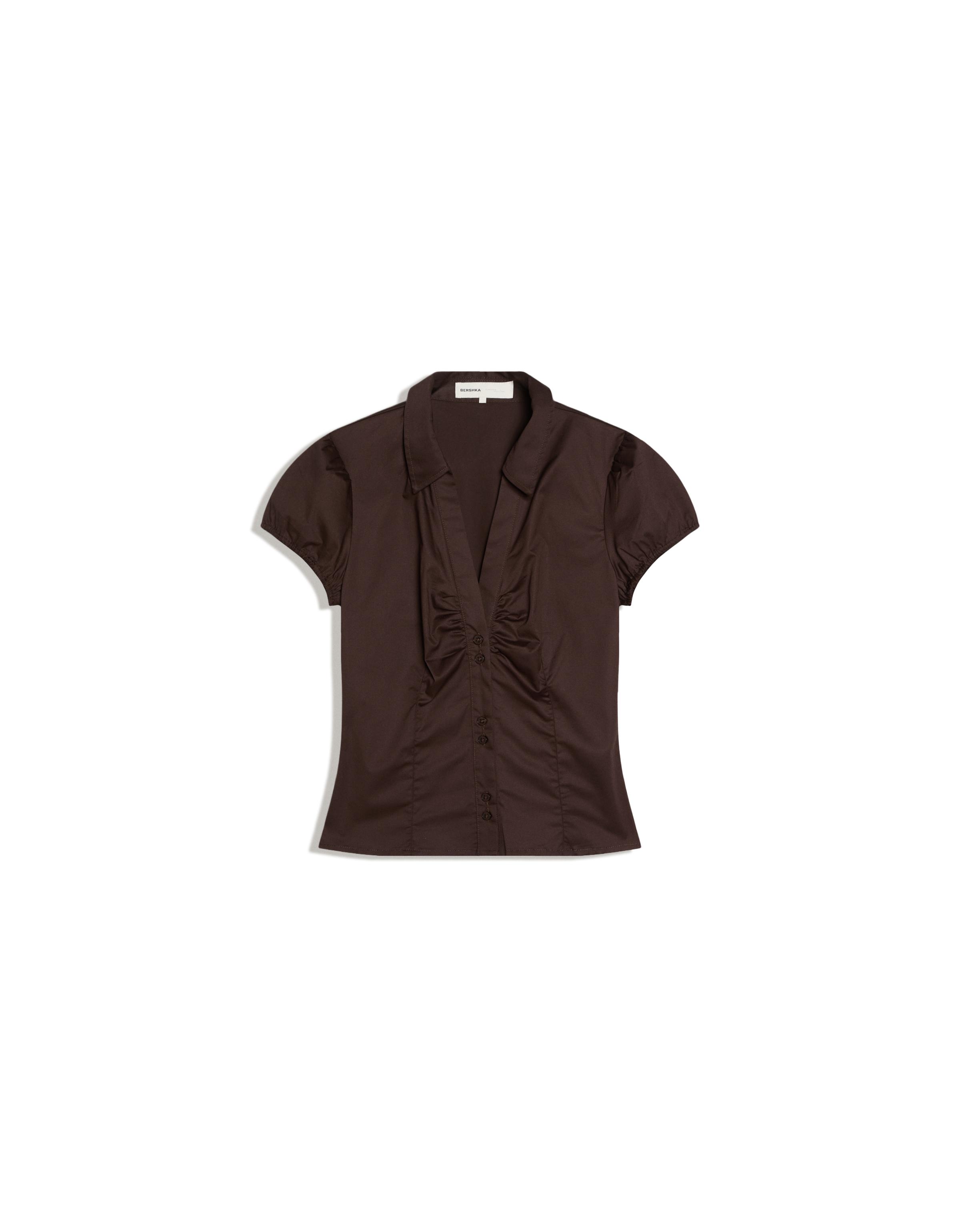 Short sleeve poplin tie-front shirt — Brown