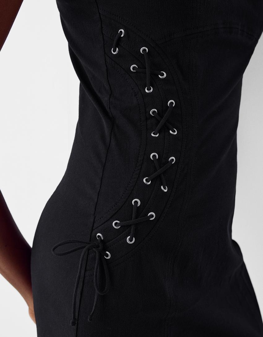 Vestido midi laçada lateral-Preto-6