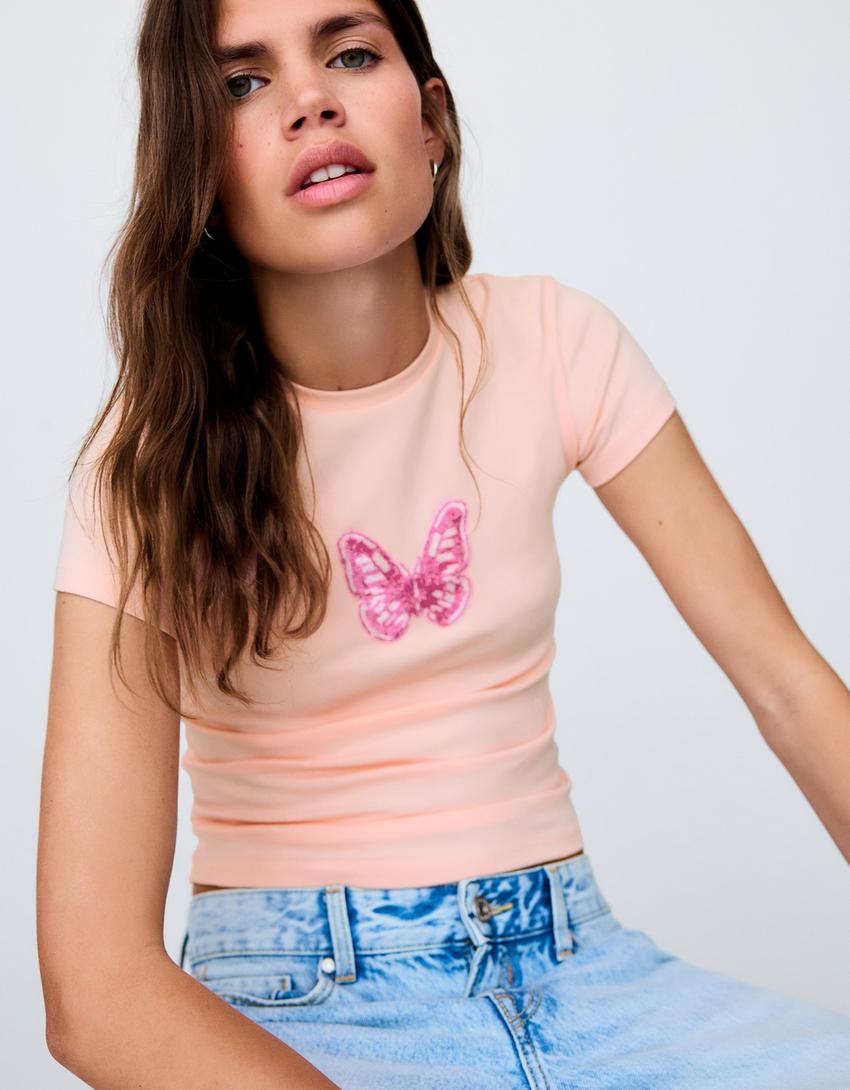 Short sleeve print and bead T-shirt-Pink