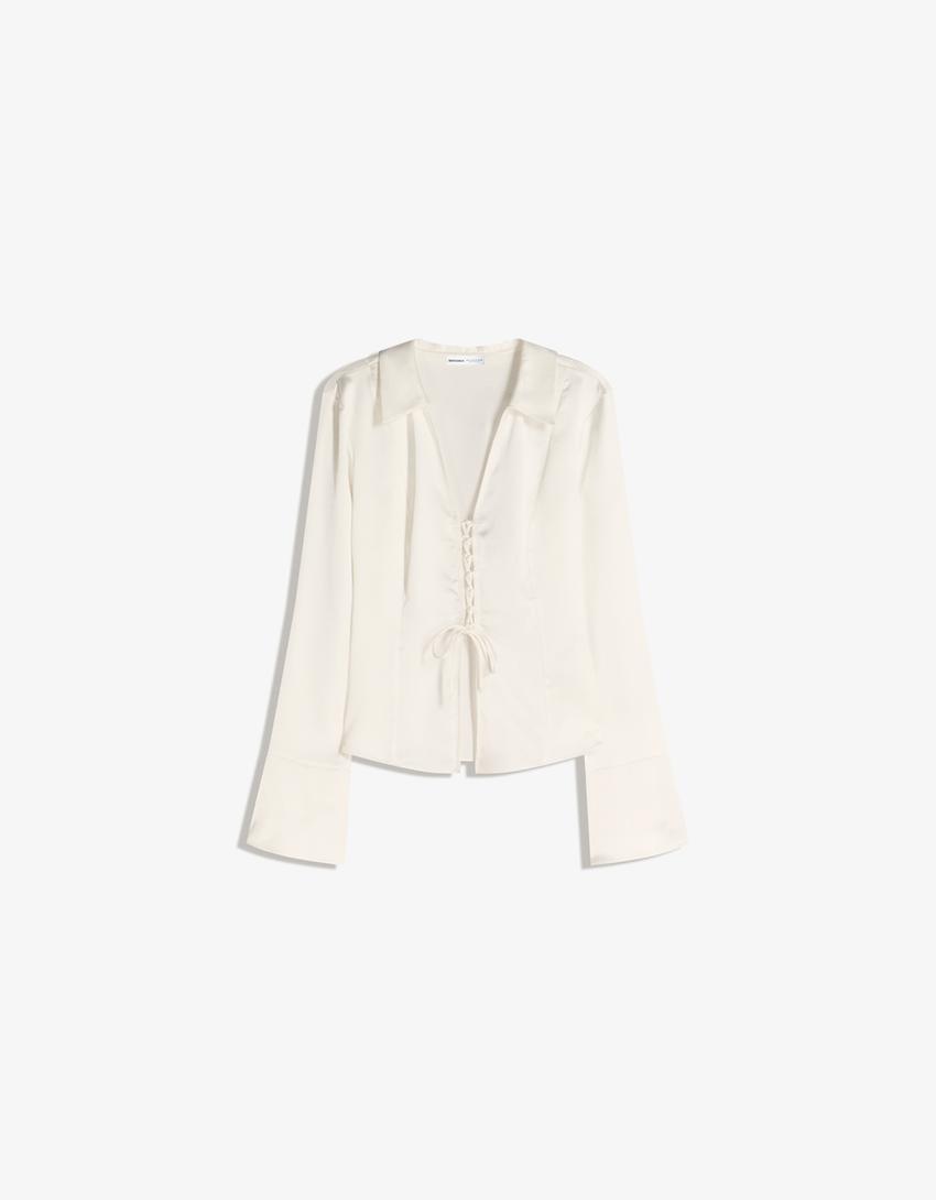 Lace-up satin shirt-Cream