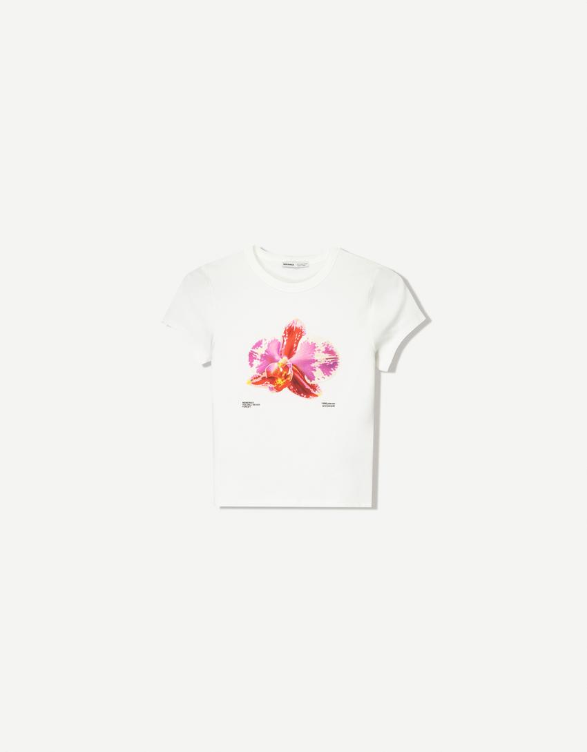 T-shirt met print en korte mouw-Roos