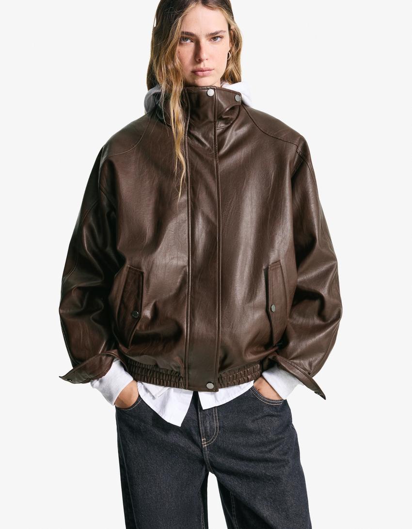 Oversize faux leather jacket-Brown-0