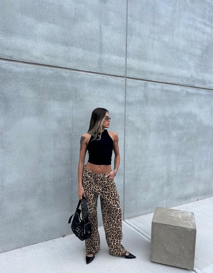 Balloon fit animal print carpenter trousers-Camel-3