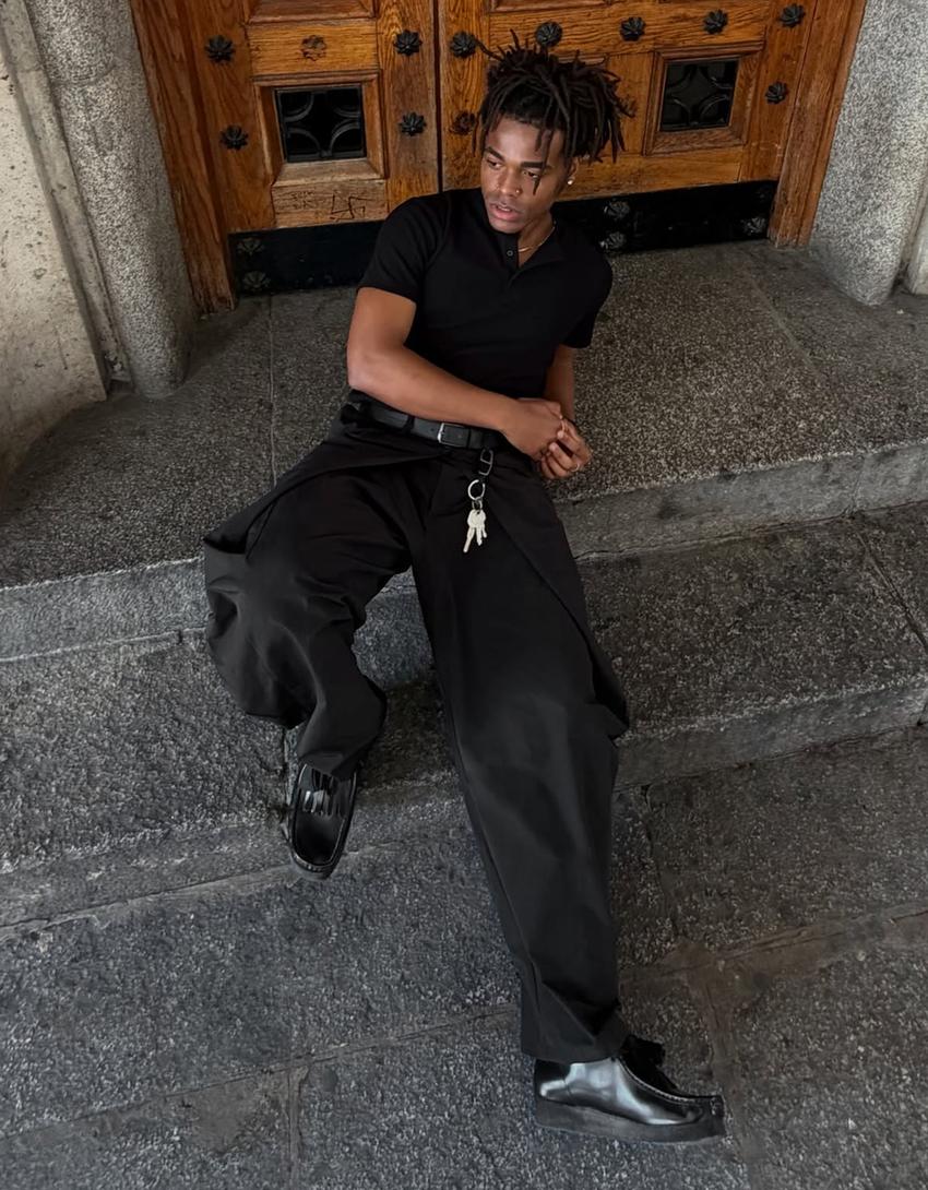 Short sleeve henley waffle knit T-shirt-Black