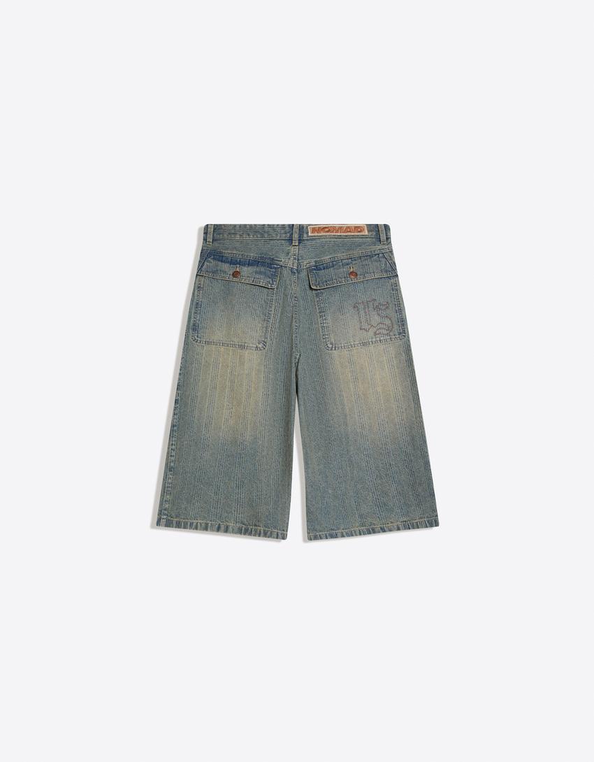 Super baggy denim Bermuda shorts-Light blue