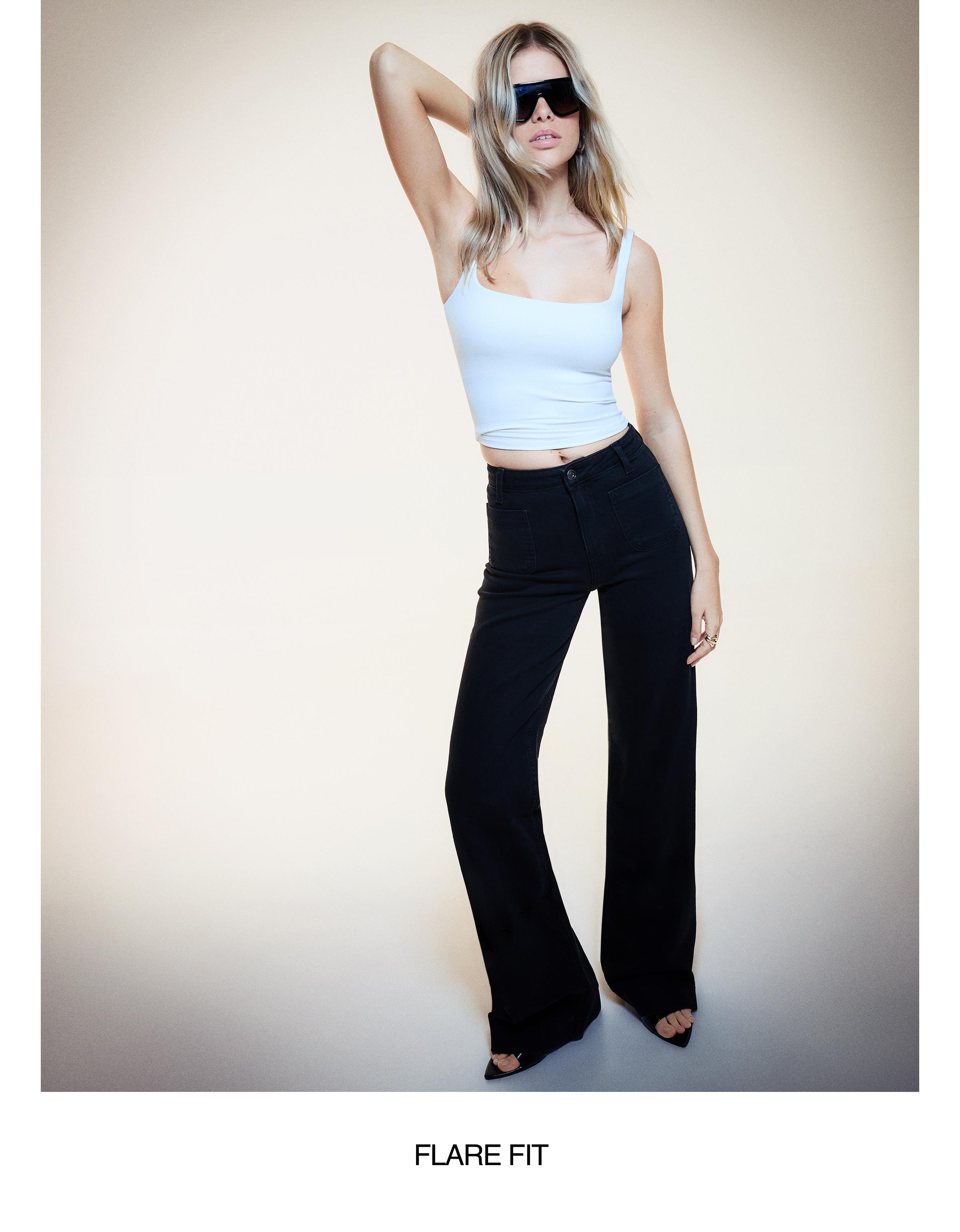 Yüksek bel dikişsiz cepli geniş paça jean - Görsel 14