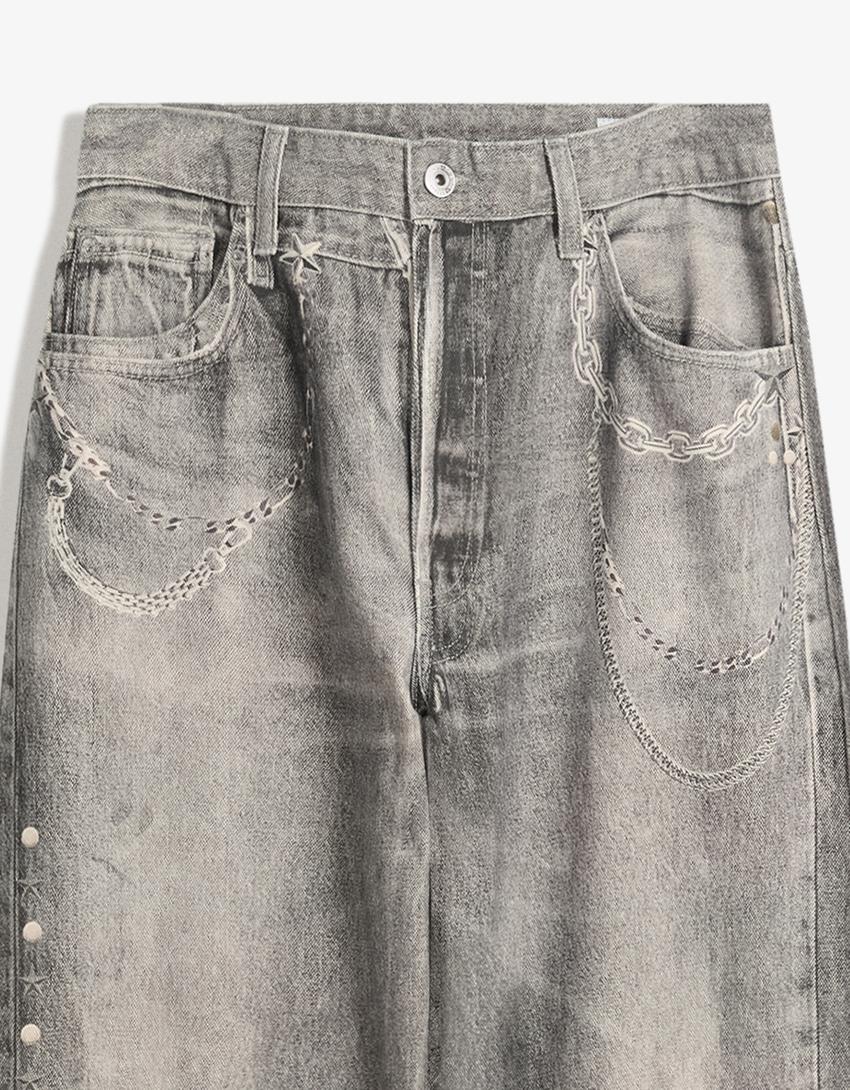 Baskılı baggy fit jean-Siyah-2