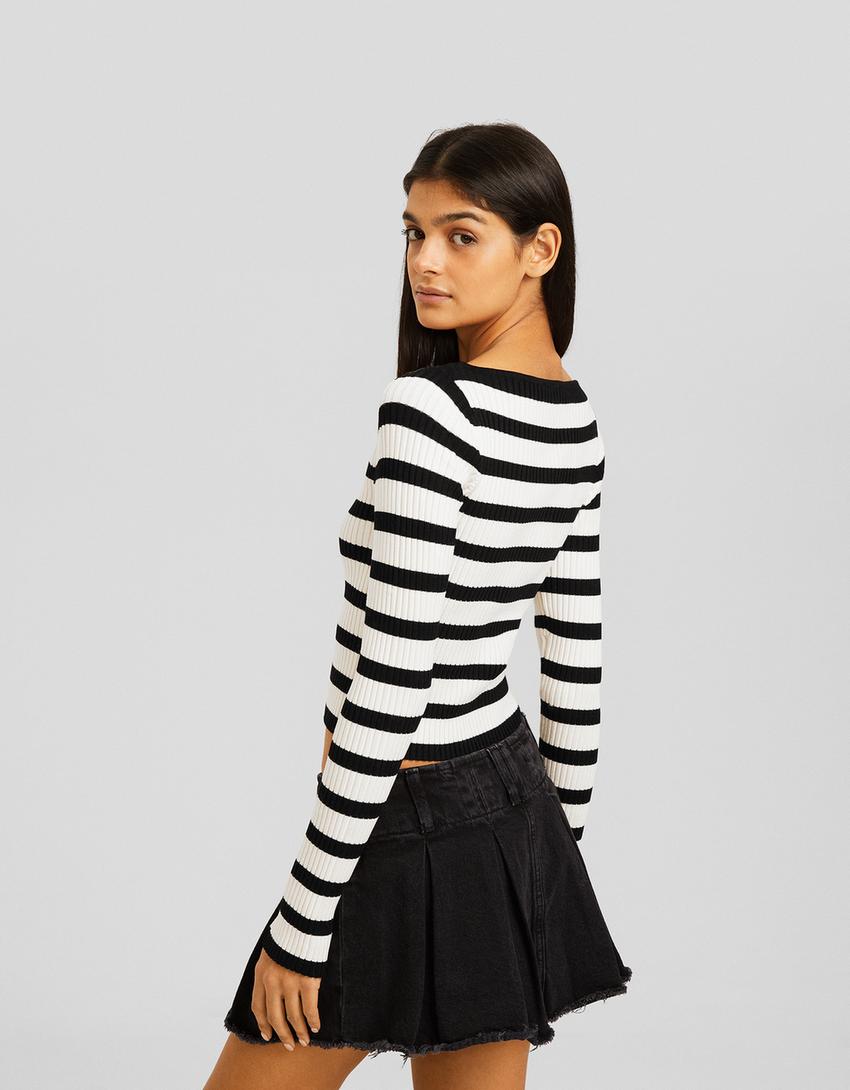 Ribbed boat neck sweater-Black-2