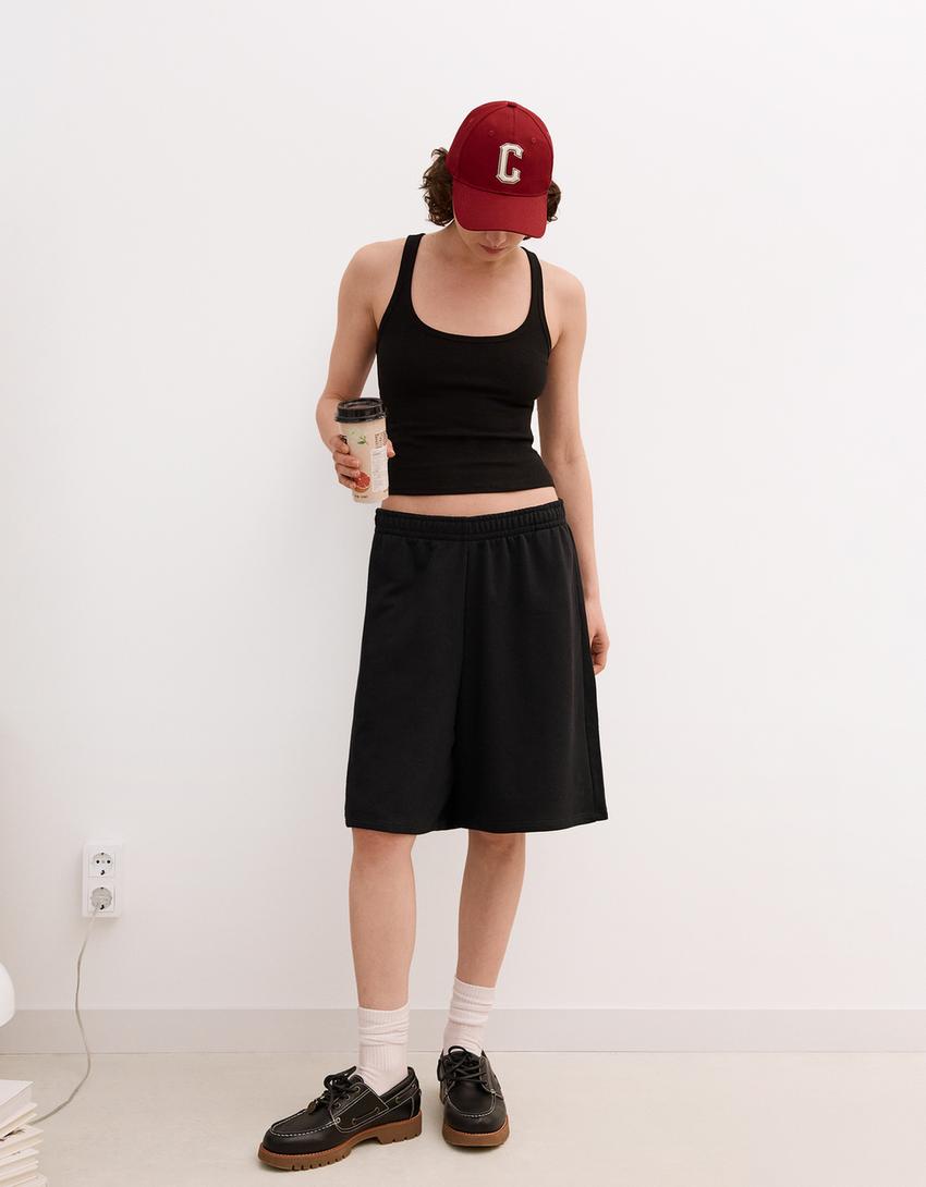 Plush Bermuda shorts with embroidery-Black