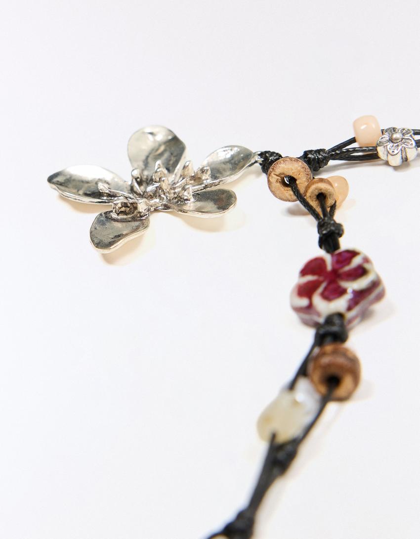Flower cord and stone necklace-Brown